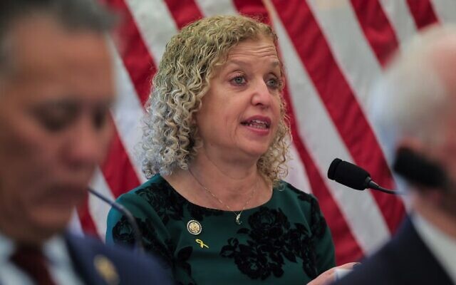 US Rep. Debbie Wasserman Schultz, a Florida Democrat, speaks during a Democratic Steering and Policy Committee hearing in the US Capitol on April 10, 2025 in Washington, DC. (Kayla Bartkowski/Getty Images via JTA